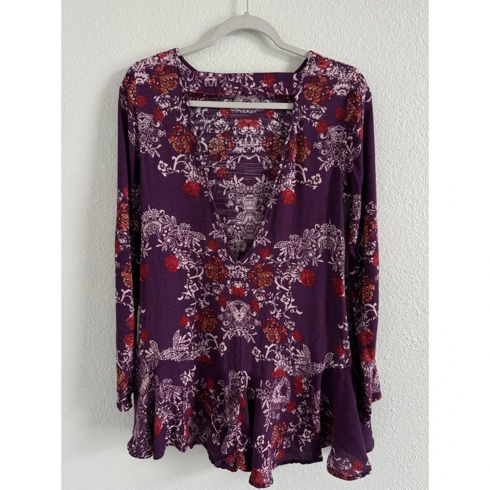 Free People Purple Floral Long Sleeve Mini Dress Deep V Back Boho‎ Womens Small